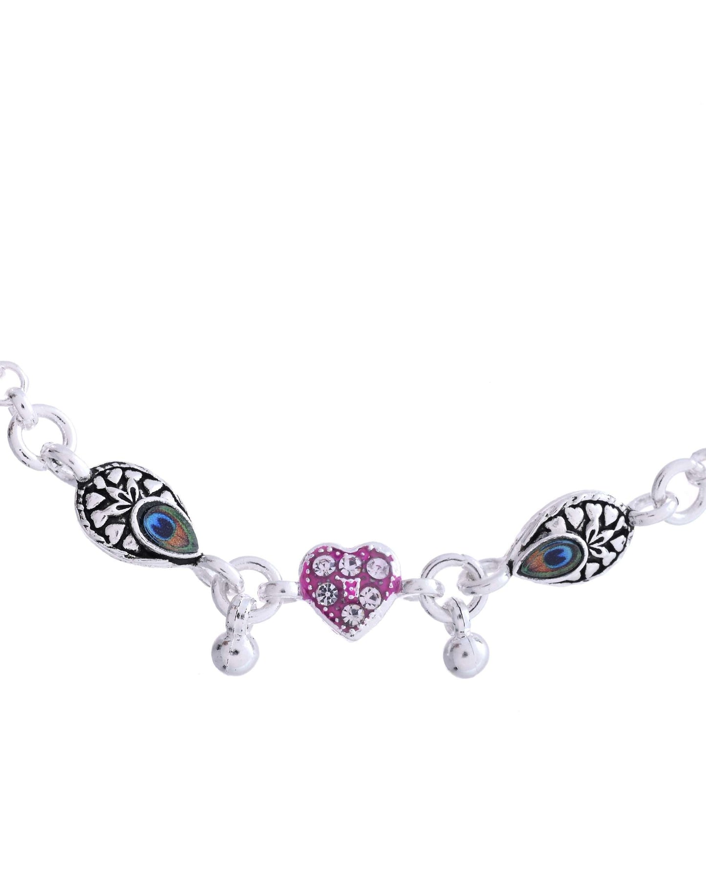 Jewels Nest Set of 2 Silver-Plated Stainless Steel Evil Eye & Pink Beaded Anklets