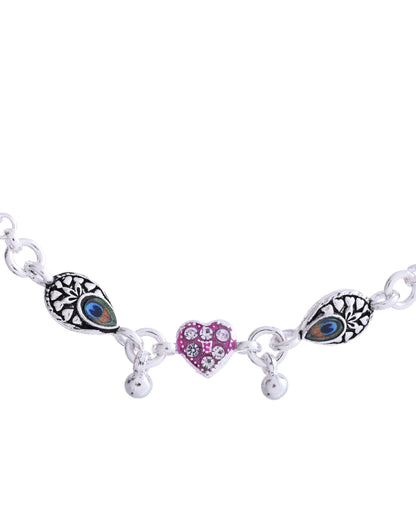 Jewels Nest Set of 2 Silver-Plated Stainless Steel Evil Eye & Pink Beaded Anklets
