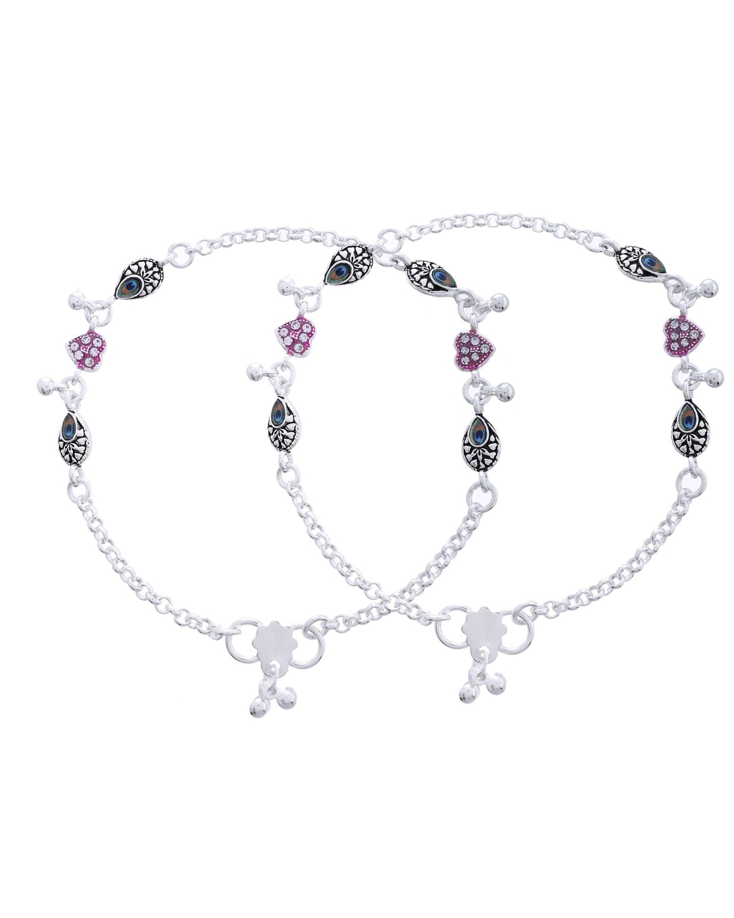 Jewels Nest Set of 2 Silver-Plated Stainless Steel Evil Eye & Pink Beaded Anklets