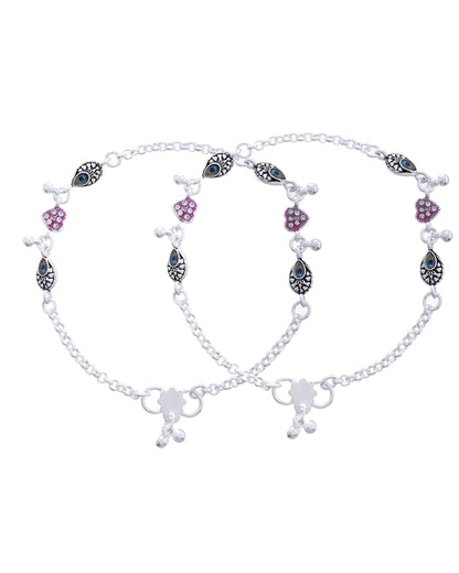 Jewels Nest Set of 2 Silver-Plated Stainless Steel Evil Eye & Pink Beaded Anklets