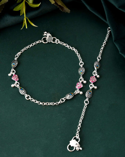 Jewels Nest Set of 2 Silver-Plated Stainless Steel Evil Eye & Pink Beaded Anklets