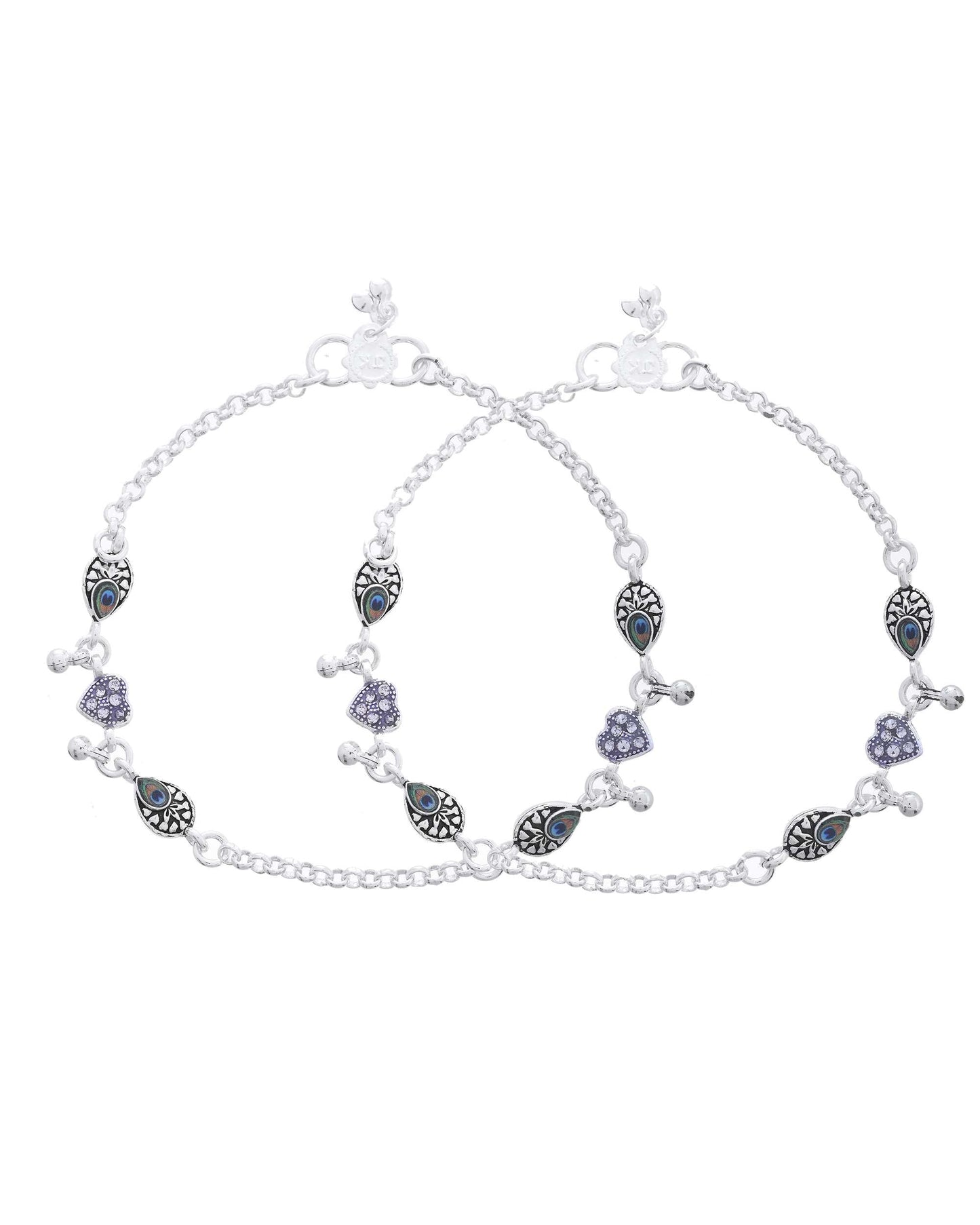 Jewels Nest Set of 2 Silver-Plated Stainless Steel Evil Eye & Heart Charm Beaded Anklets