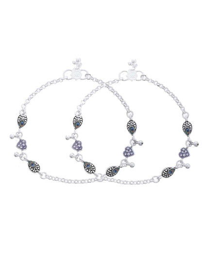 Jewels Nest Set of 2 Silver-Plated Stainless Steel Evil Eye & Heart Charm Beaded Anklets
