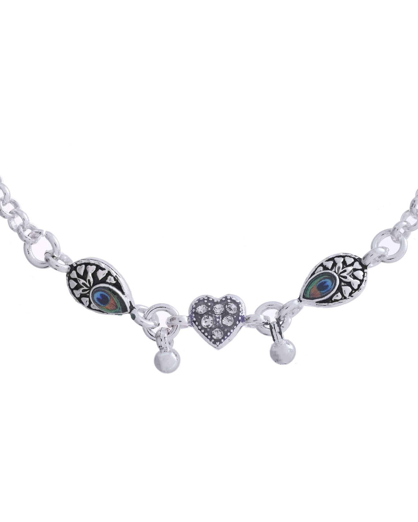 Jewels Nest Set of 2 Silver-Plated Stainless Steel Evil Eye & Heart Charm Beaded Anklets
