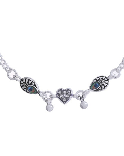 Jewels Nest Set of 2 Silver-Plated Stainless Steel Evil Eye & Heart Charm Beaded Anklets