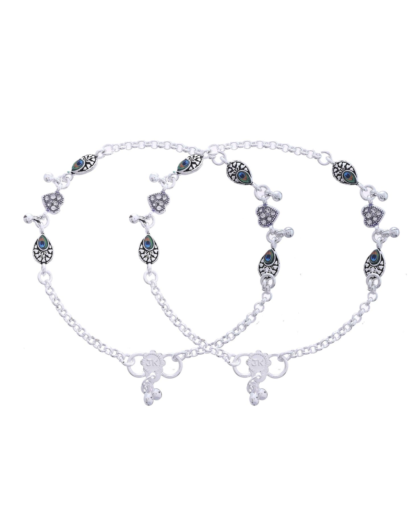 Jewels Nest Set of 2 Silver-Plated Stainless Steel Evil Eye & Heart Charm Beaded Anklets