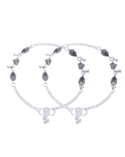 Jewels Nest Set of 2 Silver-Plated Stainless Steel Evil Eye & Heart Charm Beaded Anklets