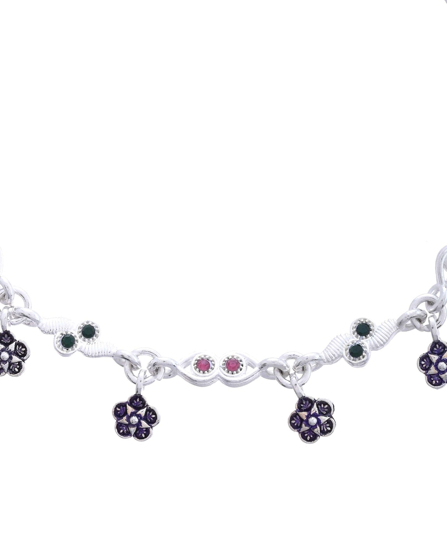 Jewels Nest Set of 2 Silver-Plated Anklets with Multicolour Stone-Studded Flower Charms