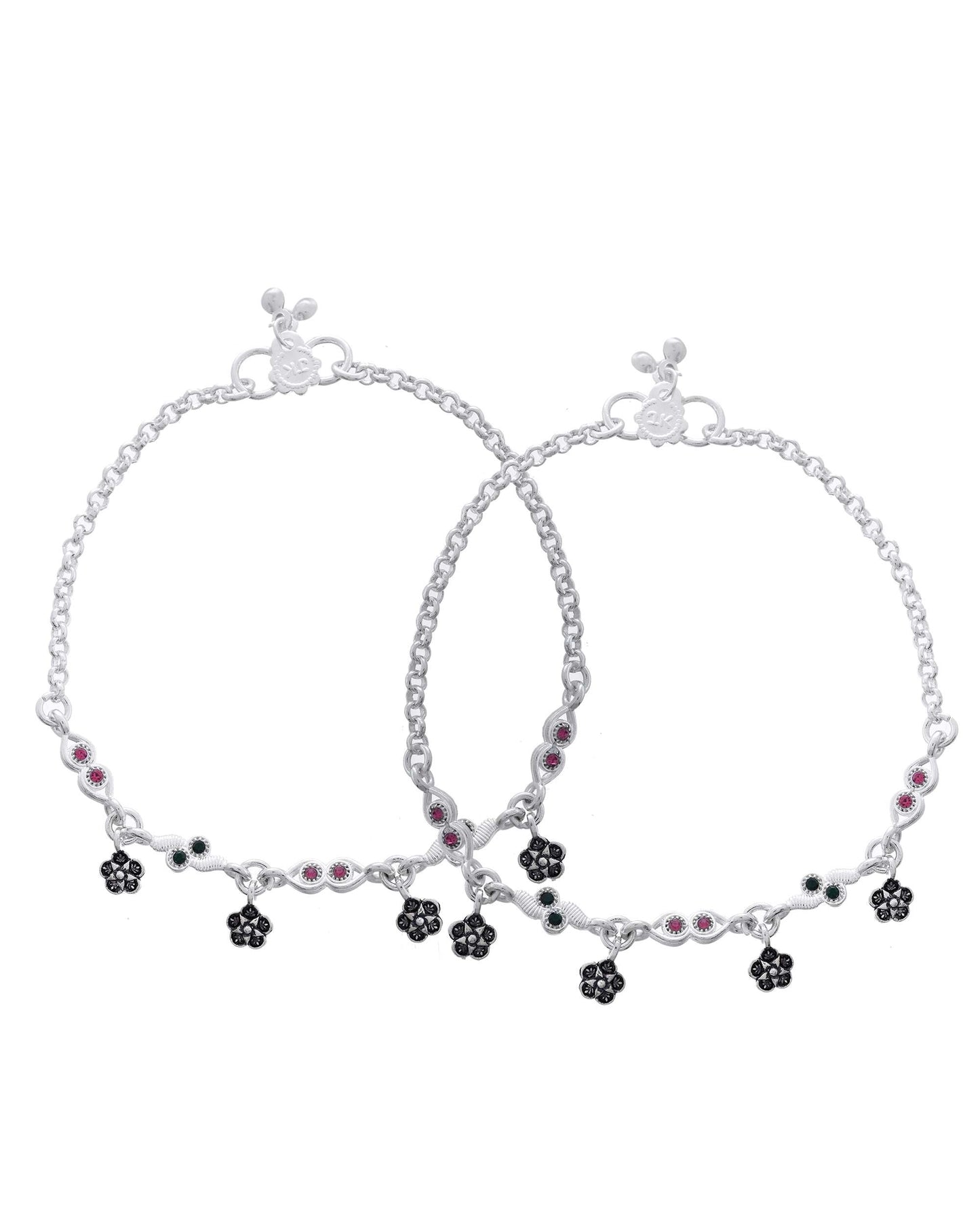 Jewels Nest Set of 2 Silver-Plated Anklets with Multicolour Stone-Studded Flower Charms