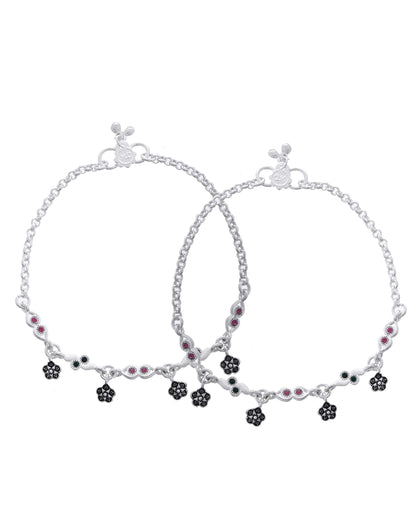 Jewels Nest Set of 2 Silver-Plated Anklets with Multicolour Stone-Studded Flower Charms