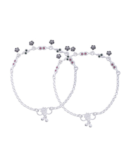Jewels Nest Set of 2 Silver-Plated Anklets with Multicolour Stone-Studded Flower Charms