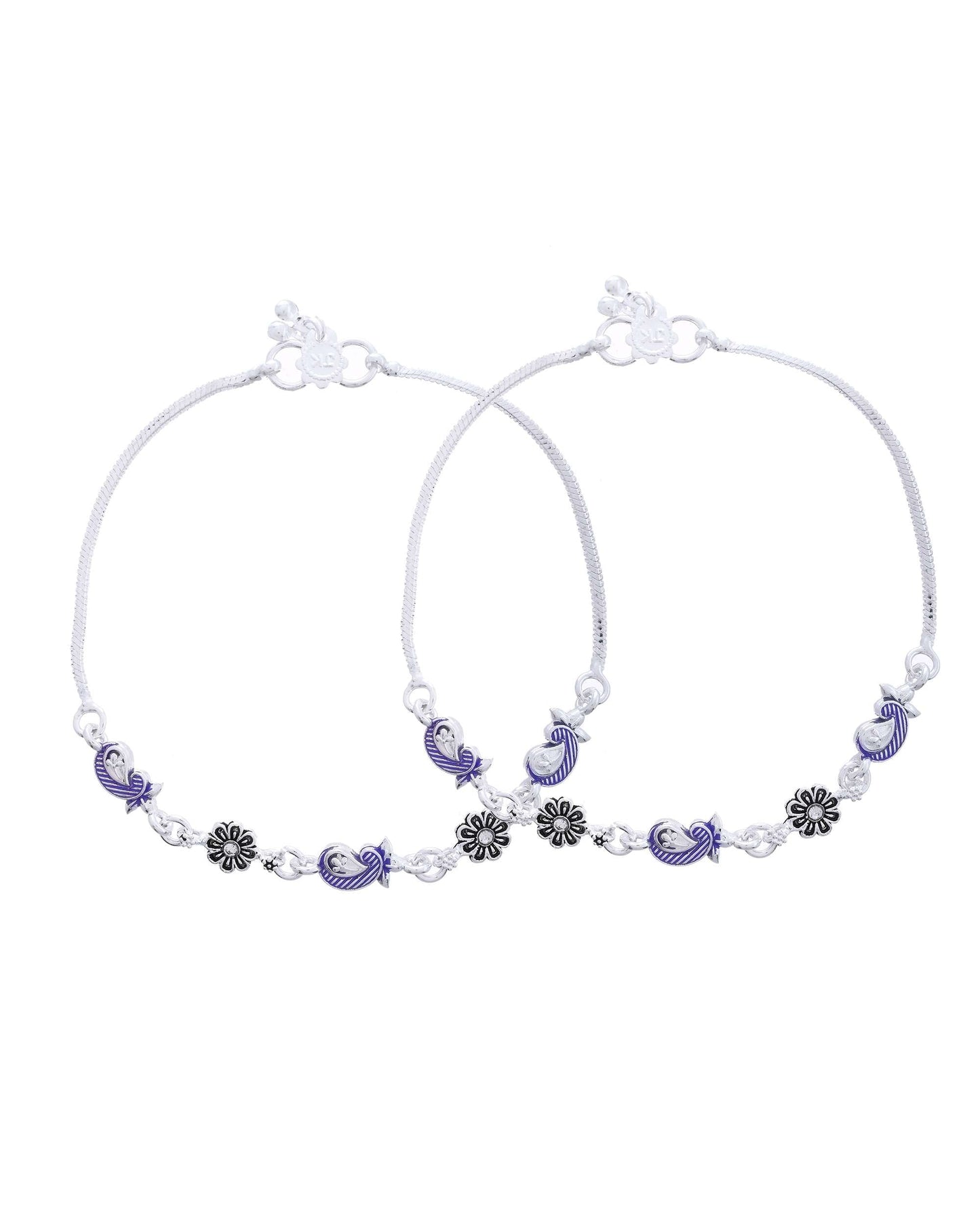 Jewels Nest Set of 2 Silver-Plated Stainless Steel Paisley & Floral Charm Anklets