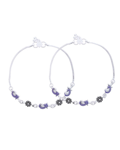 Jewels Nest Set of 2 Silver-Plated Stainless Steel Paisley & Floral Charm Anklets