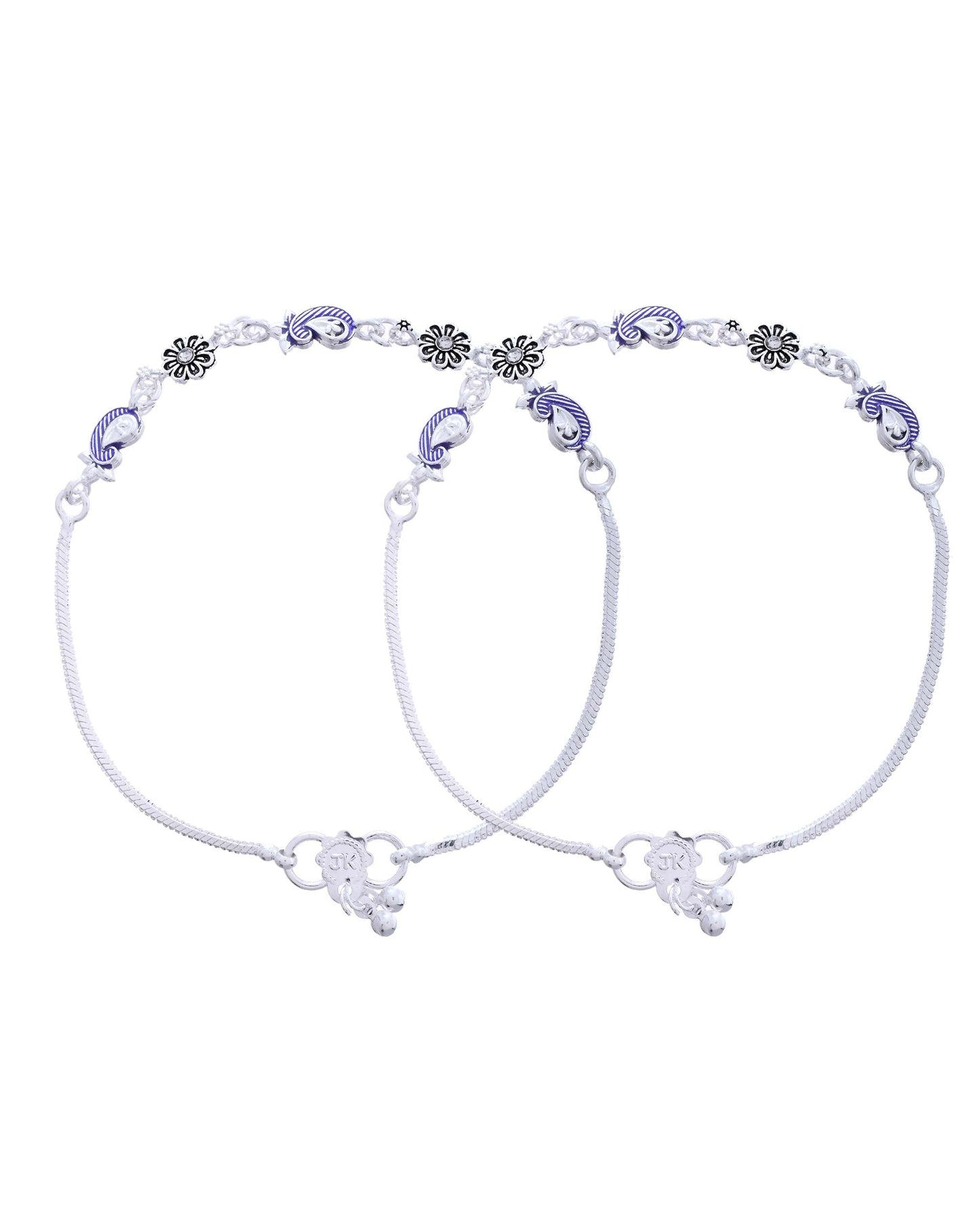 Jewels Nest Set of 2 Silver-Plated Stainless Steel Paisley & Floral Charm Anklets