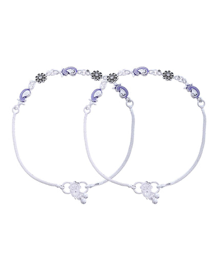 Jewels Nest Set of 2 Silver-Plated Stainless Steel Paisley & Floral Charm Anklets