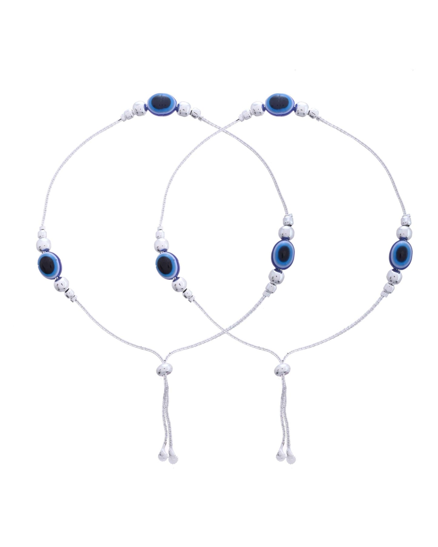 Jewels Nest Set of 2 Silver-Plated Stainless Steel Evil Eye Beaded Anklets