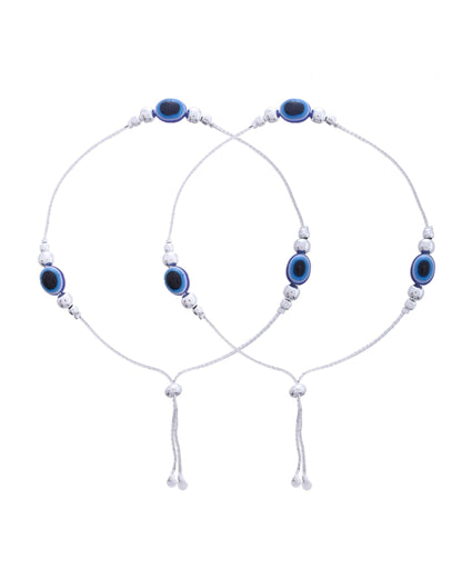 Jewels Nest Set of 2 Silver-Plated Stainless Steel Evil Eye Beaded Anklets