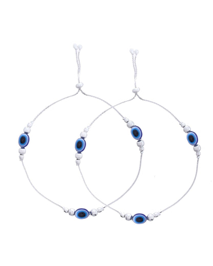 Jewels Nest Set of 2 Silver-Plated Stainless Steel Evil Eye Beaded Anklets