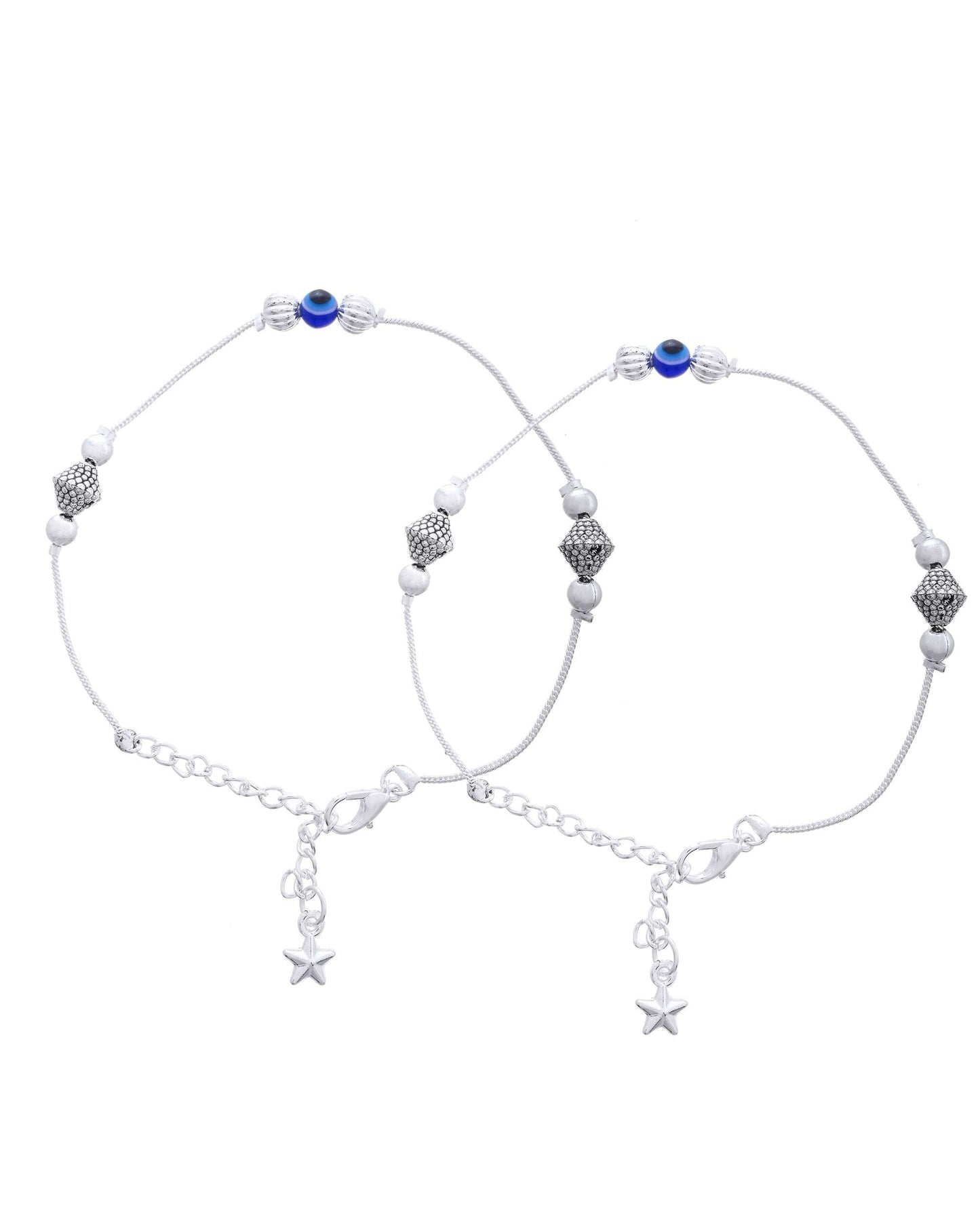 Jewels Nest Silver-Plated Stainless Steel Anklet Set with Evil Eye & Metallic Charms