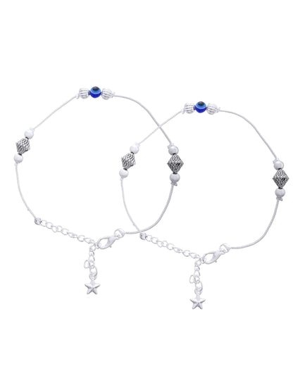 Jewels Nest Silver-Plated Stainless Steel Anklet Set with Evil Eye & Metallic Charms