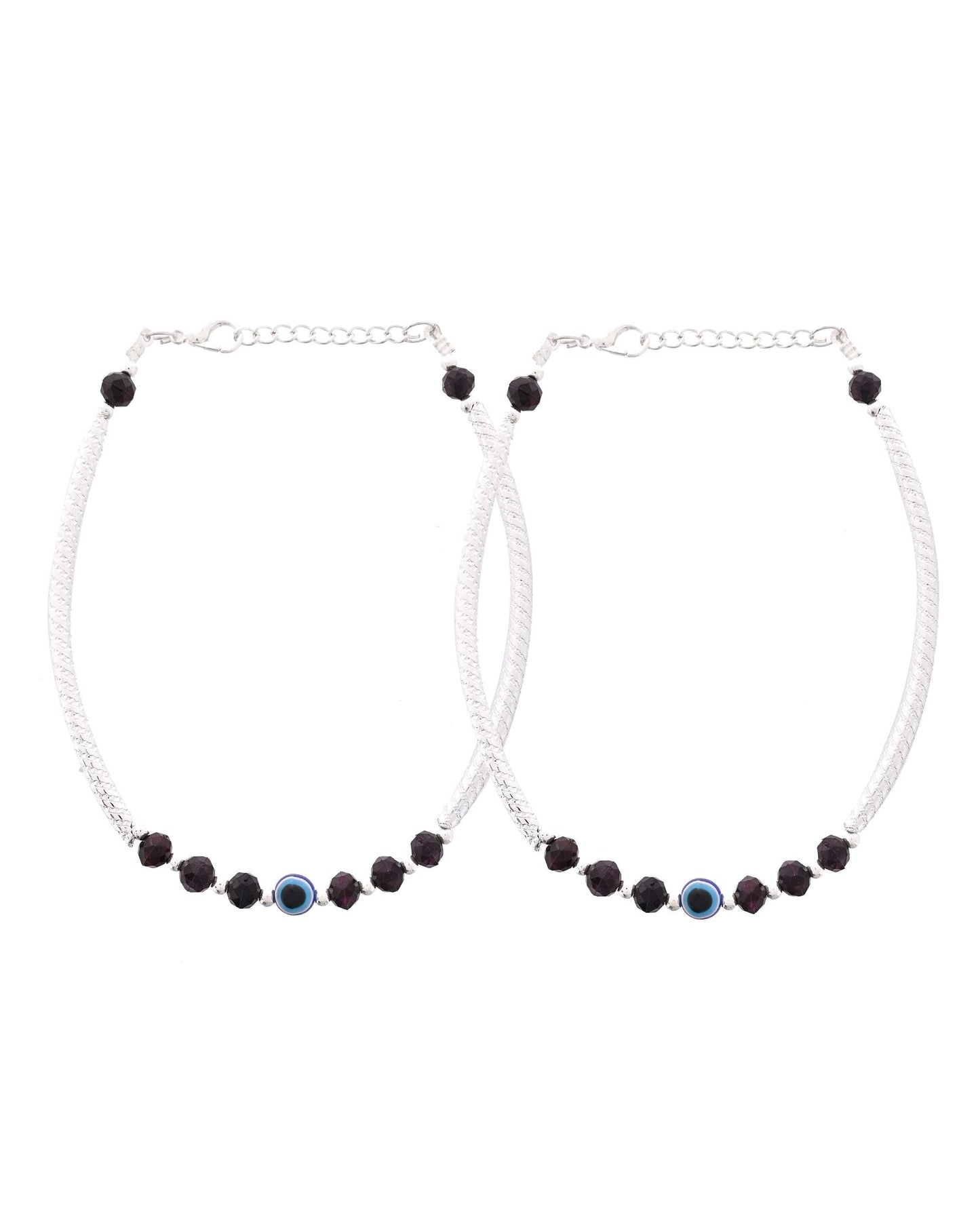 Jewels Nest Set of 2 Silver-Tone Stainless Steel Evil Eye Anklets with Beads