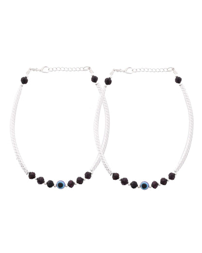 Jewels Nest Set of 2 Silver-Tone Stainless Steel Evil Eye Anklets with Beads