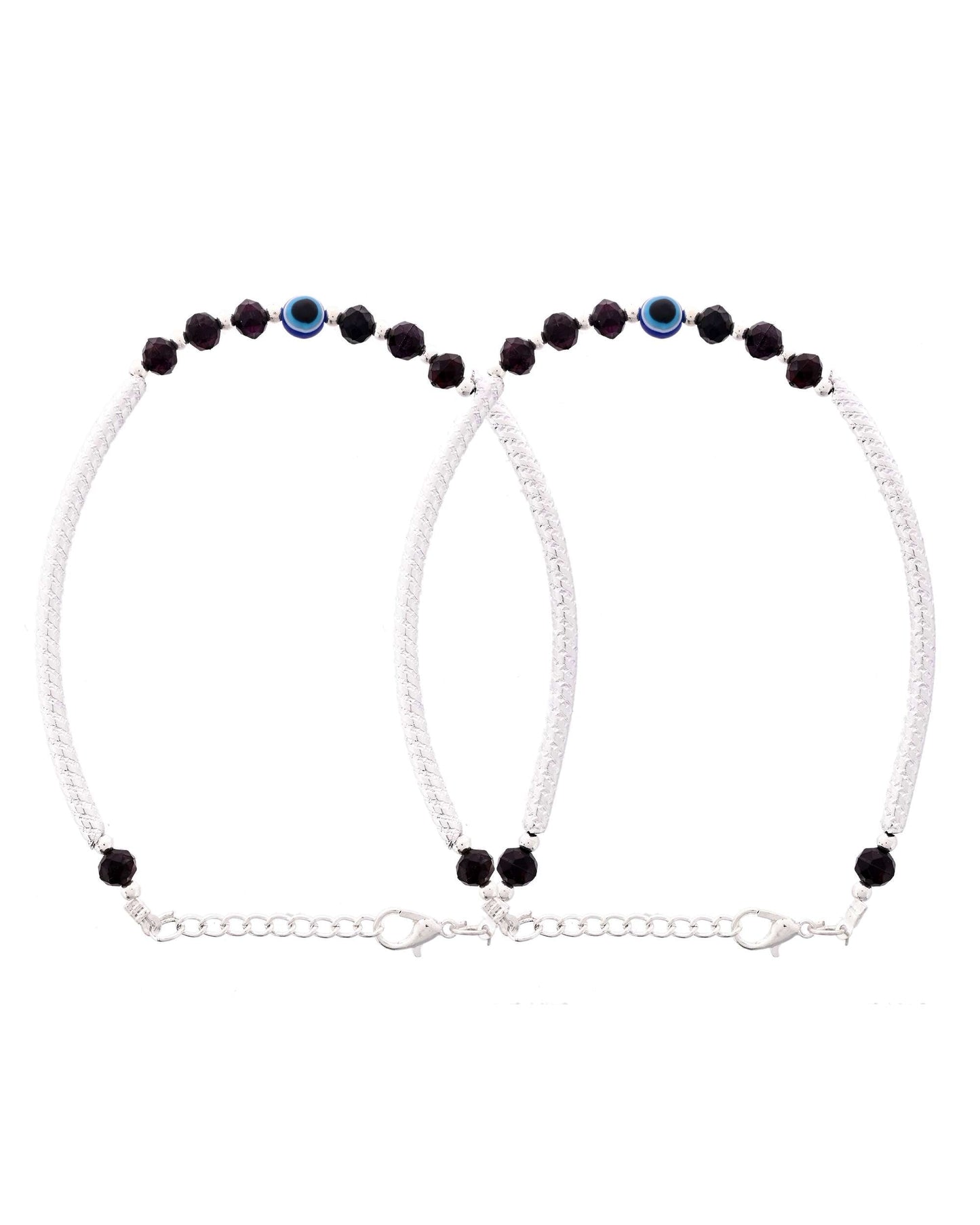 Jewels Nest Set of 2 Silver-Tone Stainless Steel Evil Eye Anklets with Beads