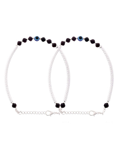 Jewels Nest Set of 2 Silver-Tone Stainless Steel Evil Eye Anklets with Beads