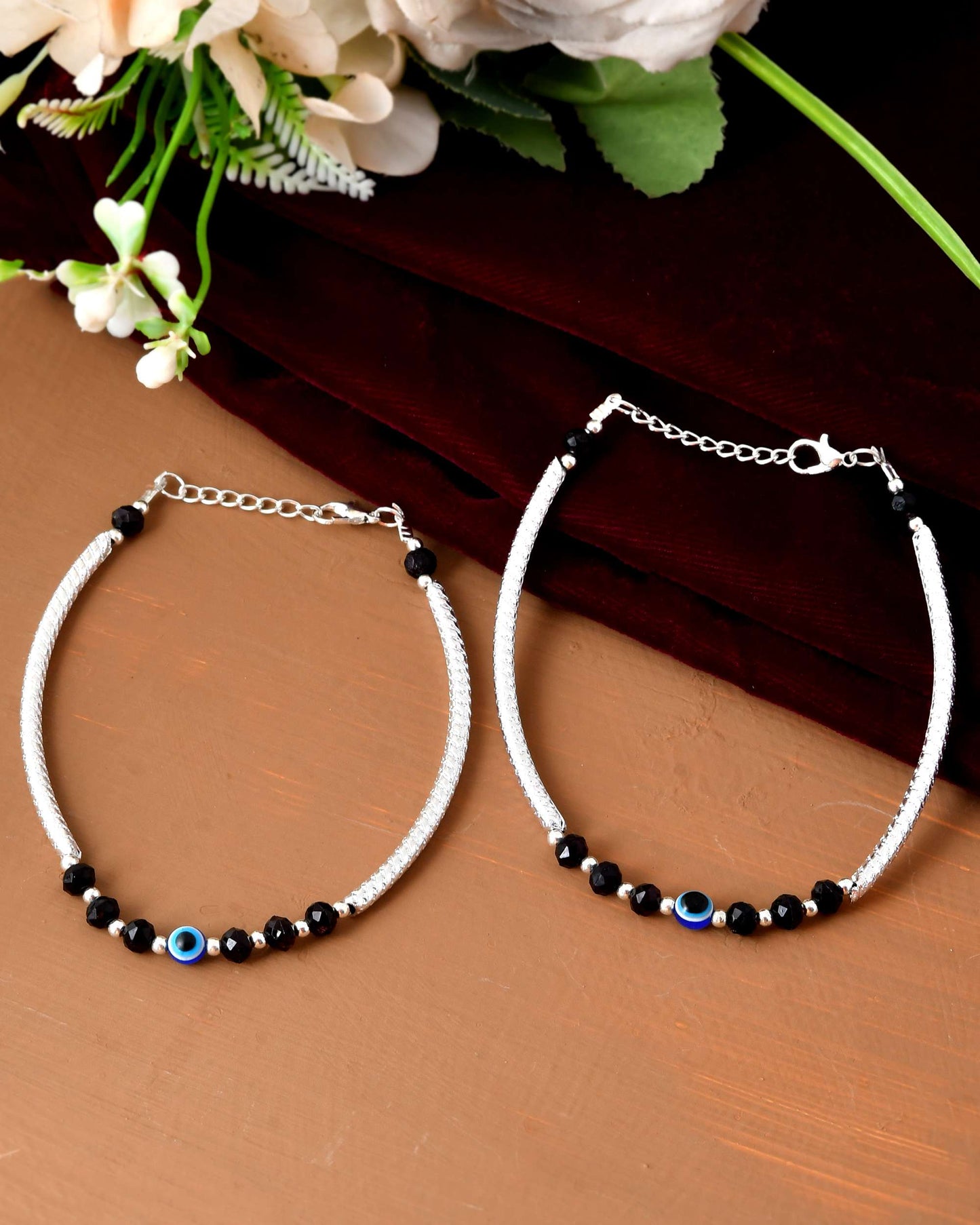 Jewels Nest Set of 2 Silver-Tone Stainless Steel Evil Eye Anklets with Beads