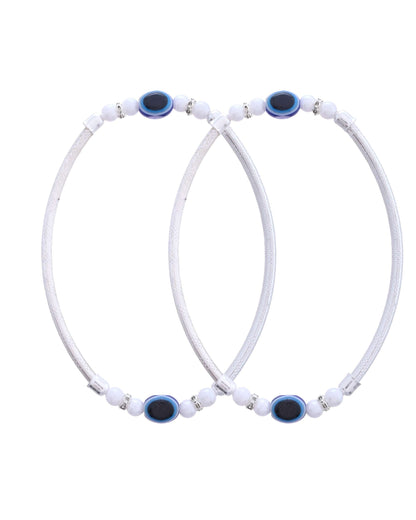 Jewels Nest Set of 2 Silver-Toned Anklets with Protective Evil Eye Beads