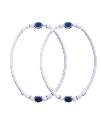 Jewels Nest Set of 2 Silver-Toned Anklets with Protective Evil Eye Beads