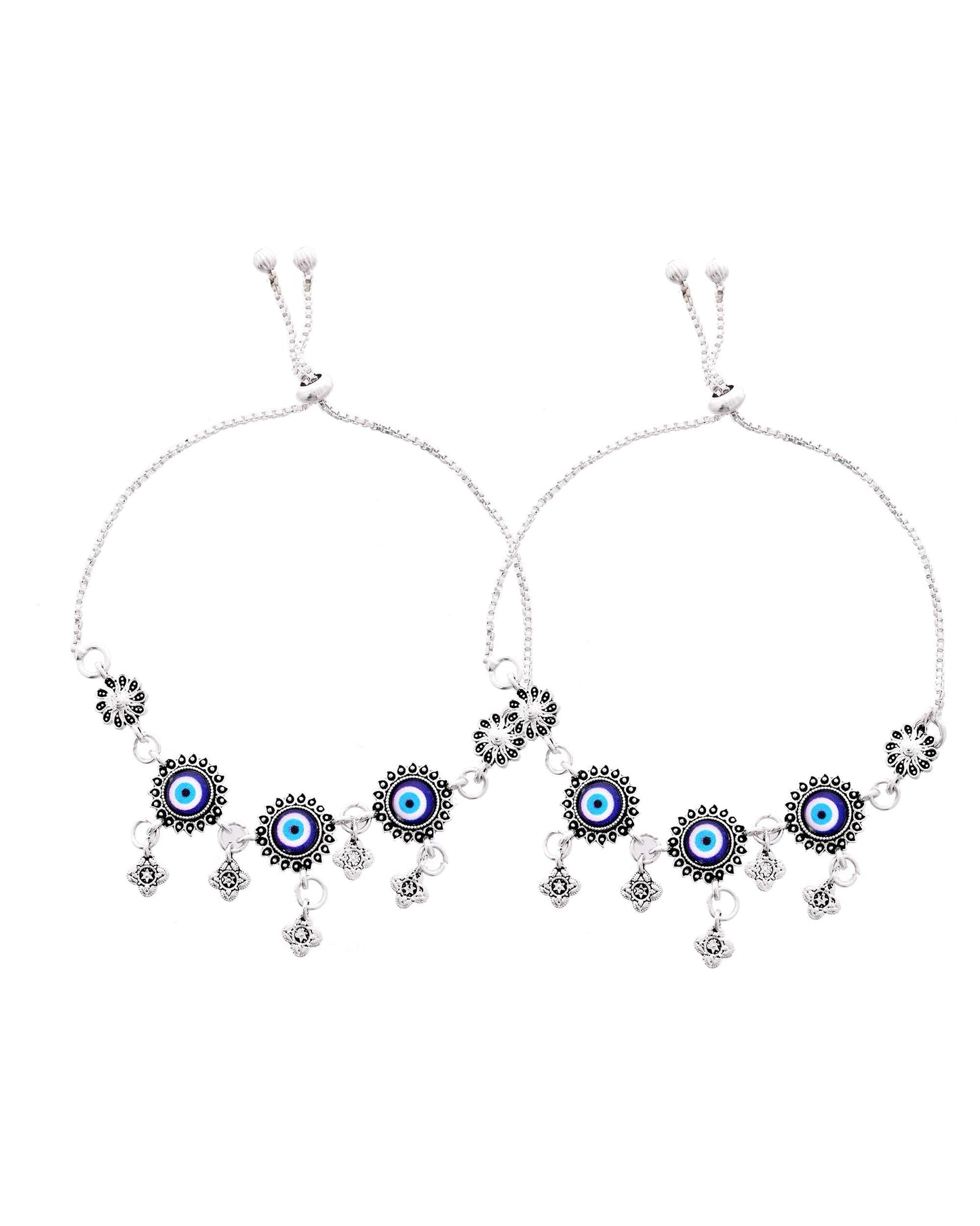 Jewels Nest Set of 2 Silver-Plated Stainless Steel Evil Eye & Stone-Studded Beaded Anklets