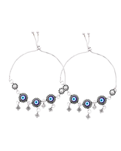 Jewels Nest Set of 2 Silver-Plated Stainless Steel Evil Eye & Stone-Studded Beaded Anklets