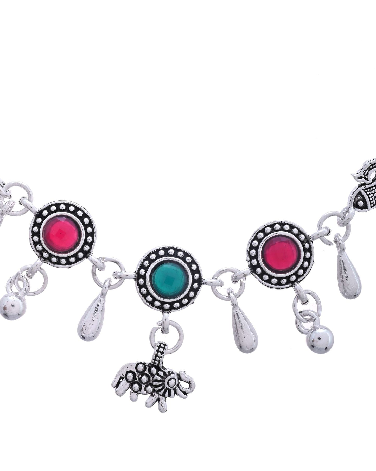 Jewels Nest Set of 2 Silver-Plated Artificial Stone Beaded Anklets with Multi-Colored Accents