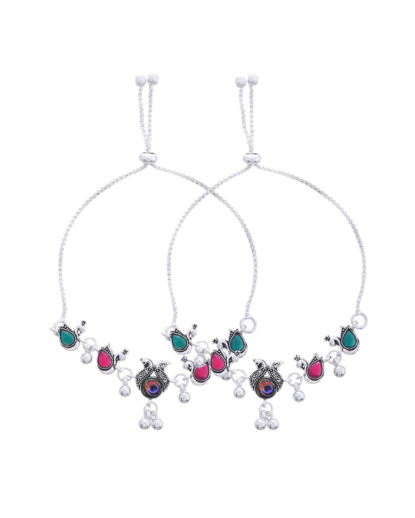 Jewels Nest Set of 2 Silver-Plated Green Stone & Bead Anklets in Stainless Steel