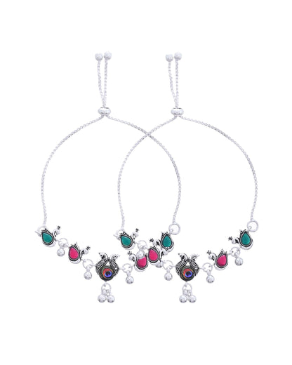 Jewels Nest Set of 2 Silver-Plated Green Stone & Bead Anklets in Stainless Steel