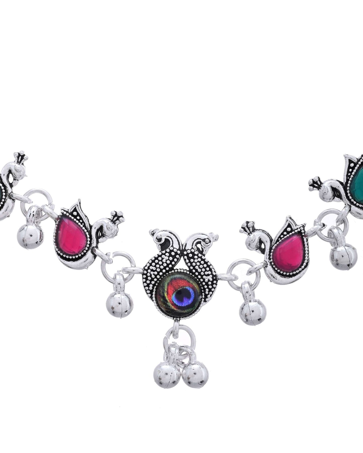 Jewels Nest Set of 2 Silver-Plated Green Stone & Bead Anklets in Stainless Steel
