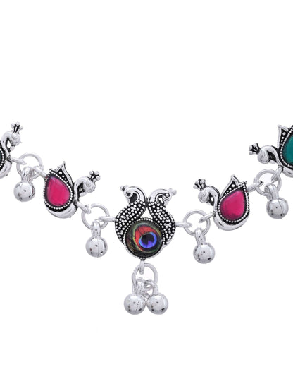 Jewels Nest Set of 2 Silver-Plated Green Stone & Bead Anklets in Stainless Steel