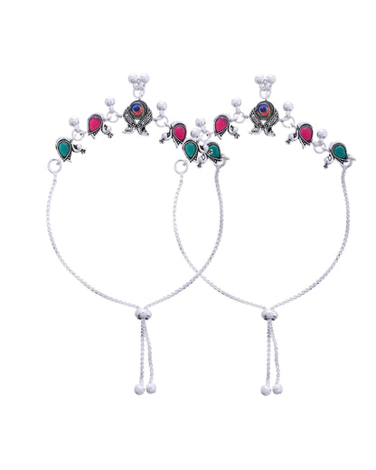 Jewels Nest Set of 2 Silver-Plated Green Stone & Bead Anklets in Stainless Steel