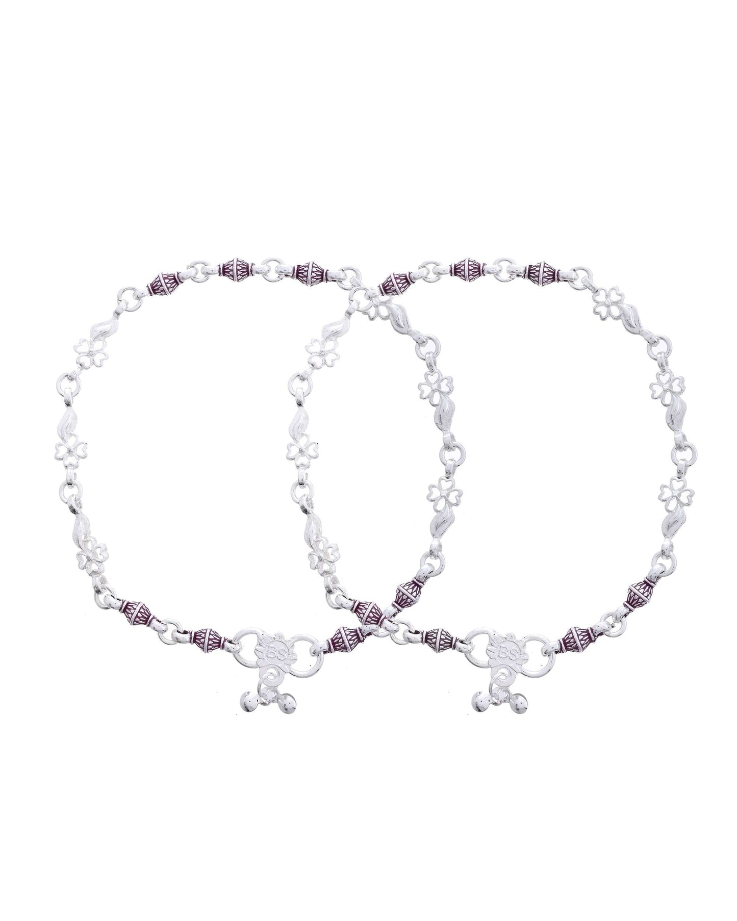 Jewels Nest Set of 2 Silver-Plated Stainless Steel Anklets with Pink Artificial Beads