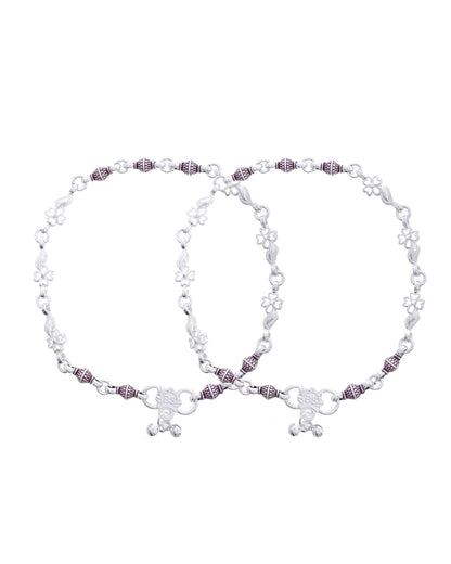 Jewels Nest Set of 2 Silver-Plated Stainless Steel Anklets with Pink Artificial Beads