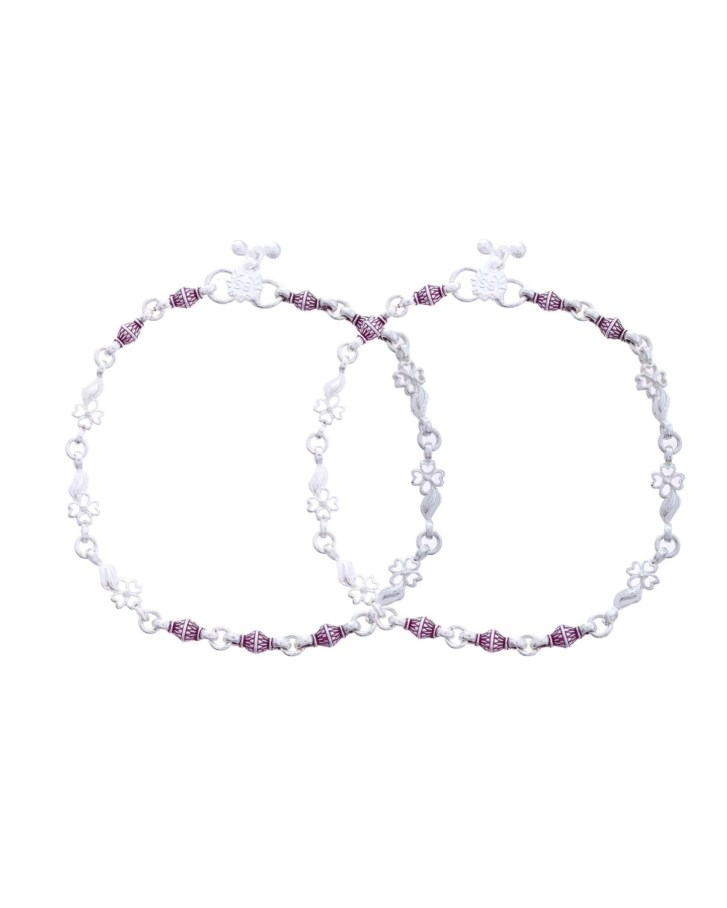 Jewels Nest Set of 2 Silver-Plated Stainless Steel Anklets with Pink Artificial Beads