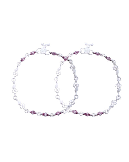 Jewels Nest Set of 2 Silver-Plated Stainless Steel Anklets with Pink Artificial Beads