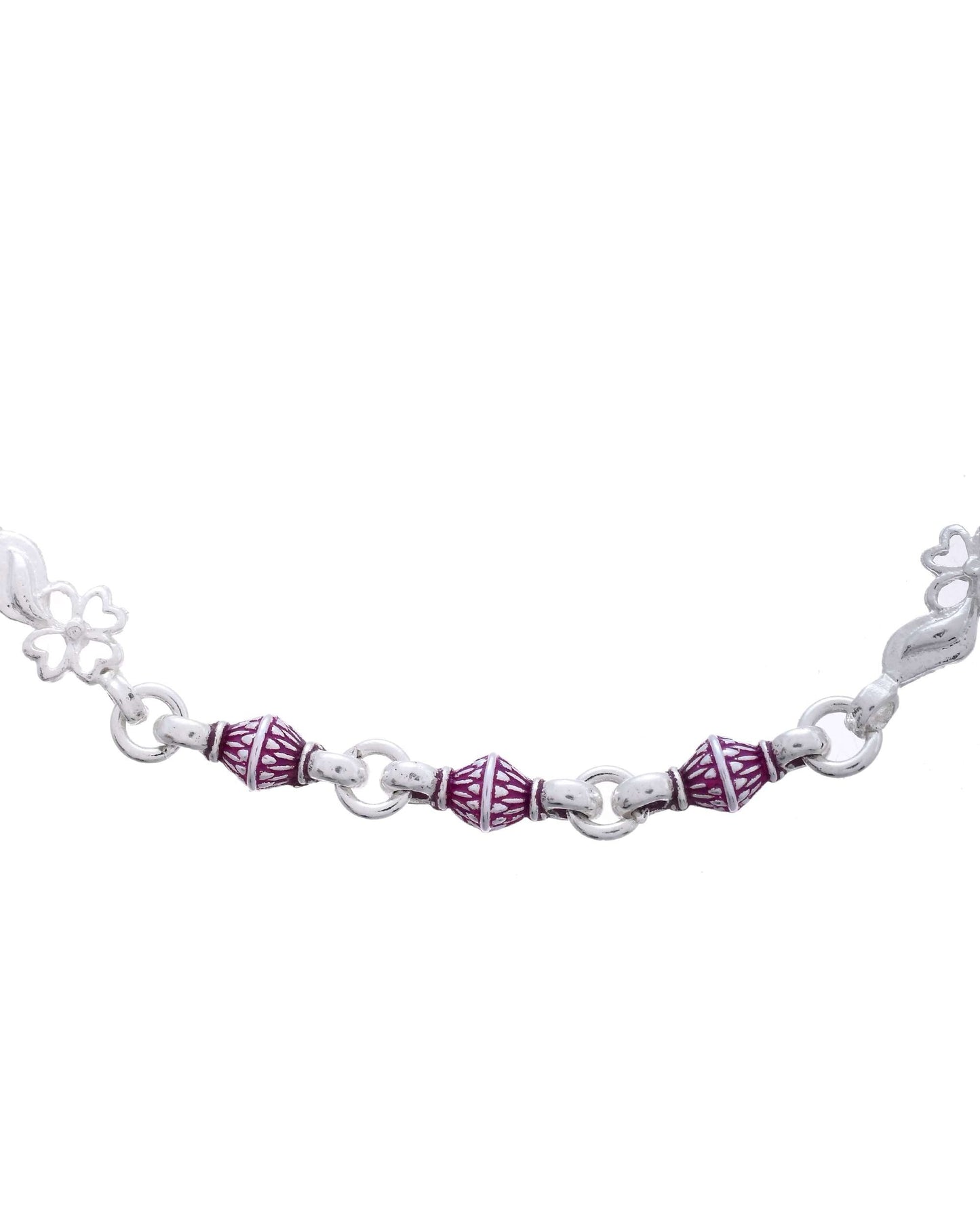 Jewels Nest Set of 2 Silver-Plated Stainless Steel Anklets with Pink Artificial Beads