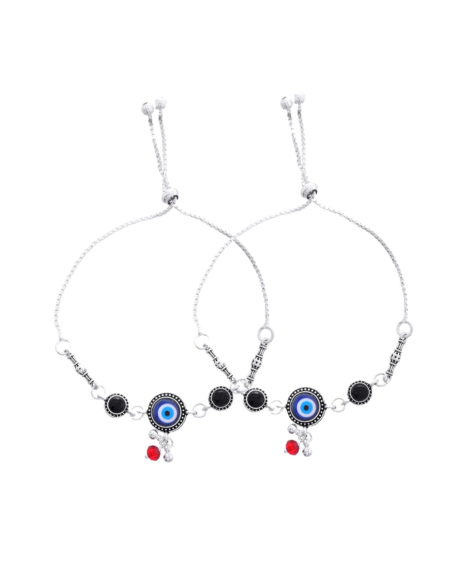 Jewels Nest Set of 2 Silver-Plated Beaded Anklets with Black & Blue Evil Eye Charms