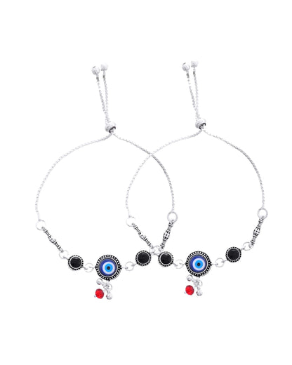 Jewels Nest Set of 2 Silver-Plated Beaded Anklets with Black & Blue Evil Eye Charms