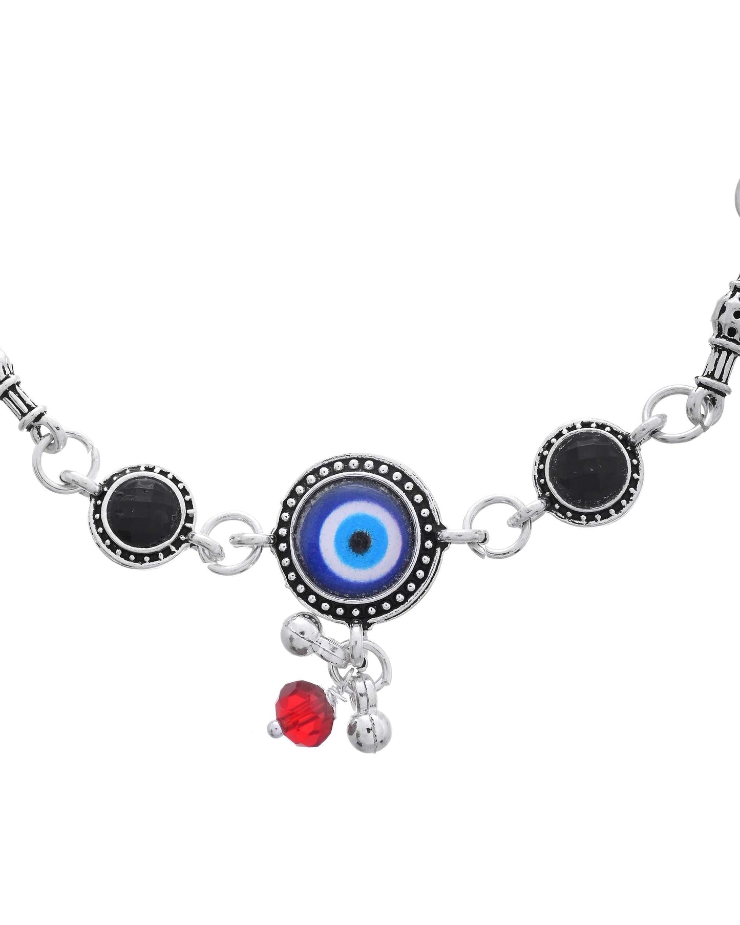 Jewels Nest Set of 2 Silver-Plated Beaded Anklets with Black & Blue Evil Eye Charms