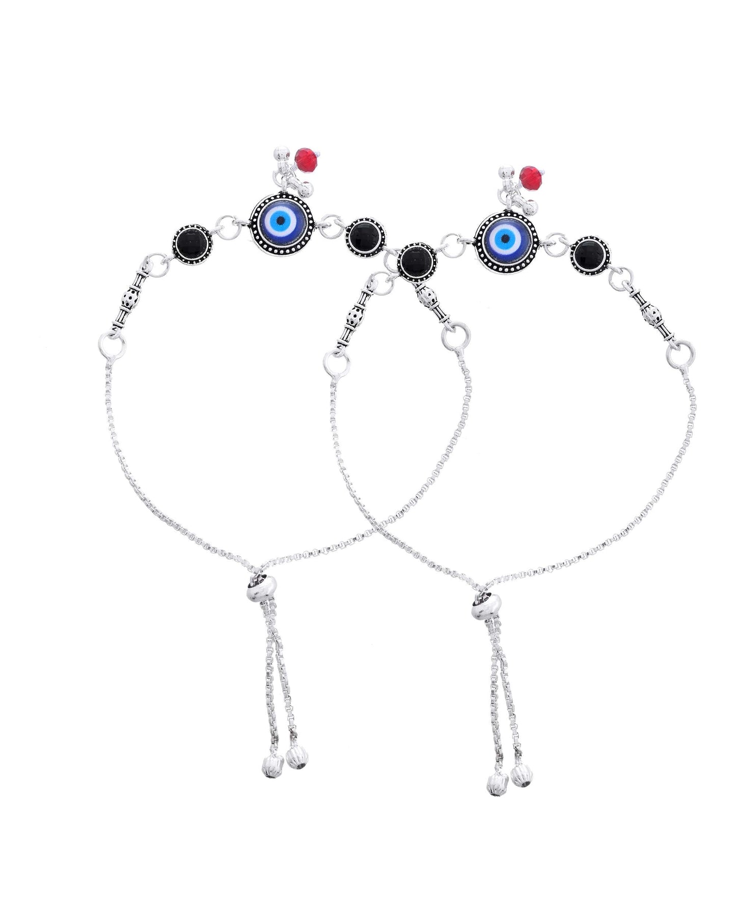 Jewels Nest Set of 2 Silver-Plated Beaded Anklets with Black & Blue Evil Eye Charms