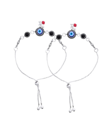 Jewels Nest Set of 2 Silver-Plated Beaded Anklets with Black & Blue Evil Eye Charms