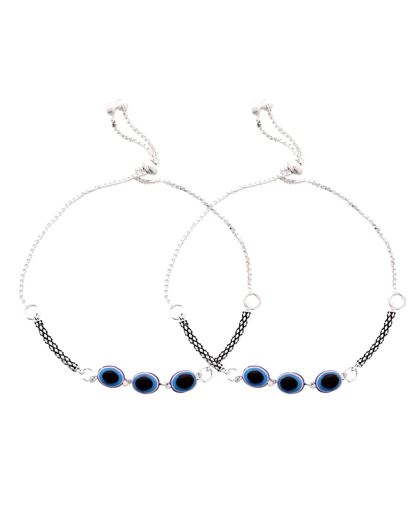 Jewels Nest Set of 2 Silver-Plated Stainless Steel Evil Eye Oval Beaded Anklets